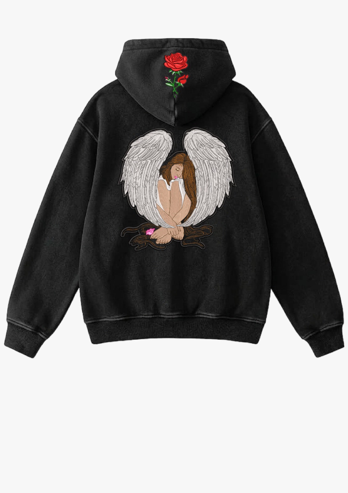 Hoodie bordado con ángel y rosa en capucha