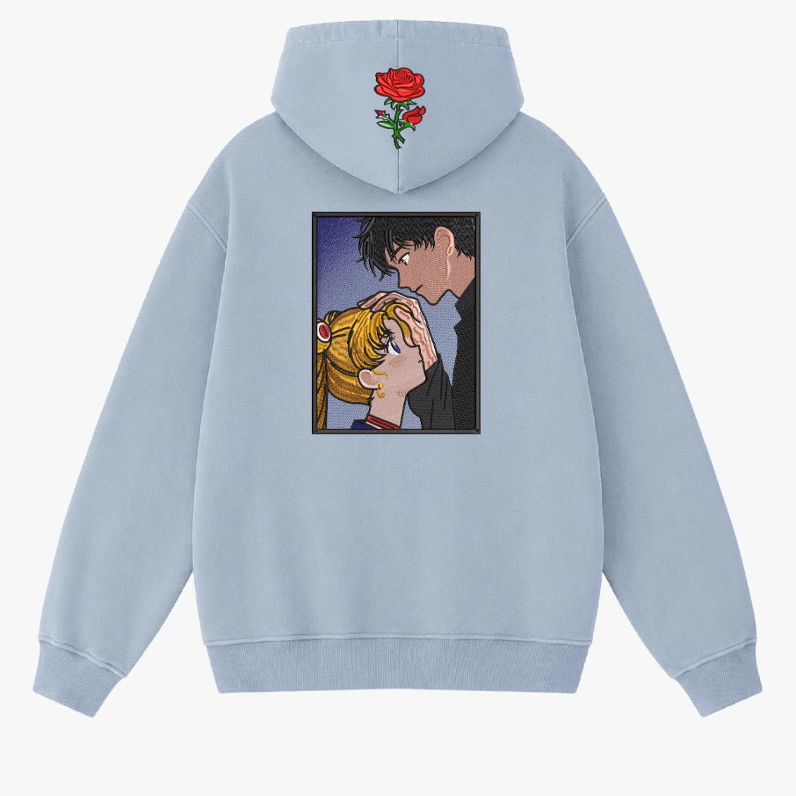 Hoodie bordado con personaje de anime - celeste, vista posterior