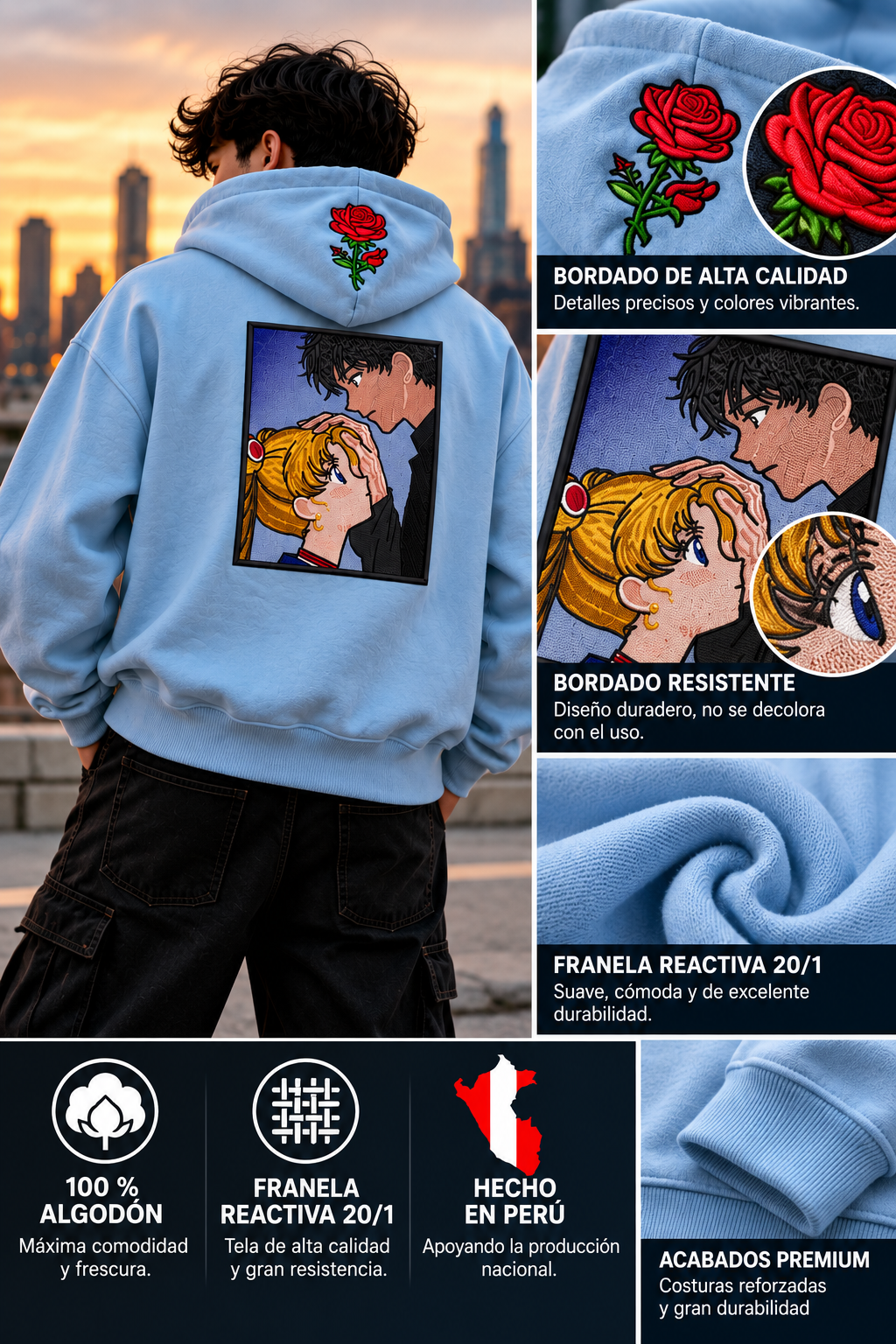 Hoodie bordado con personaje de anime - modelo de espaldas, bordado, franela reactiva 20/1, 100% algodón, hecho en Perú