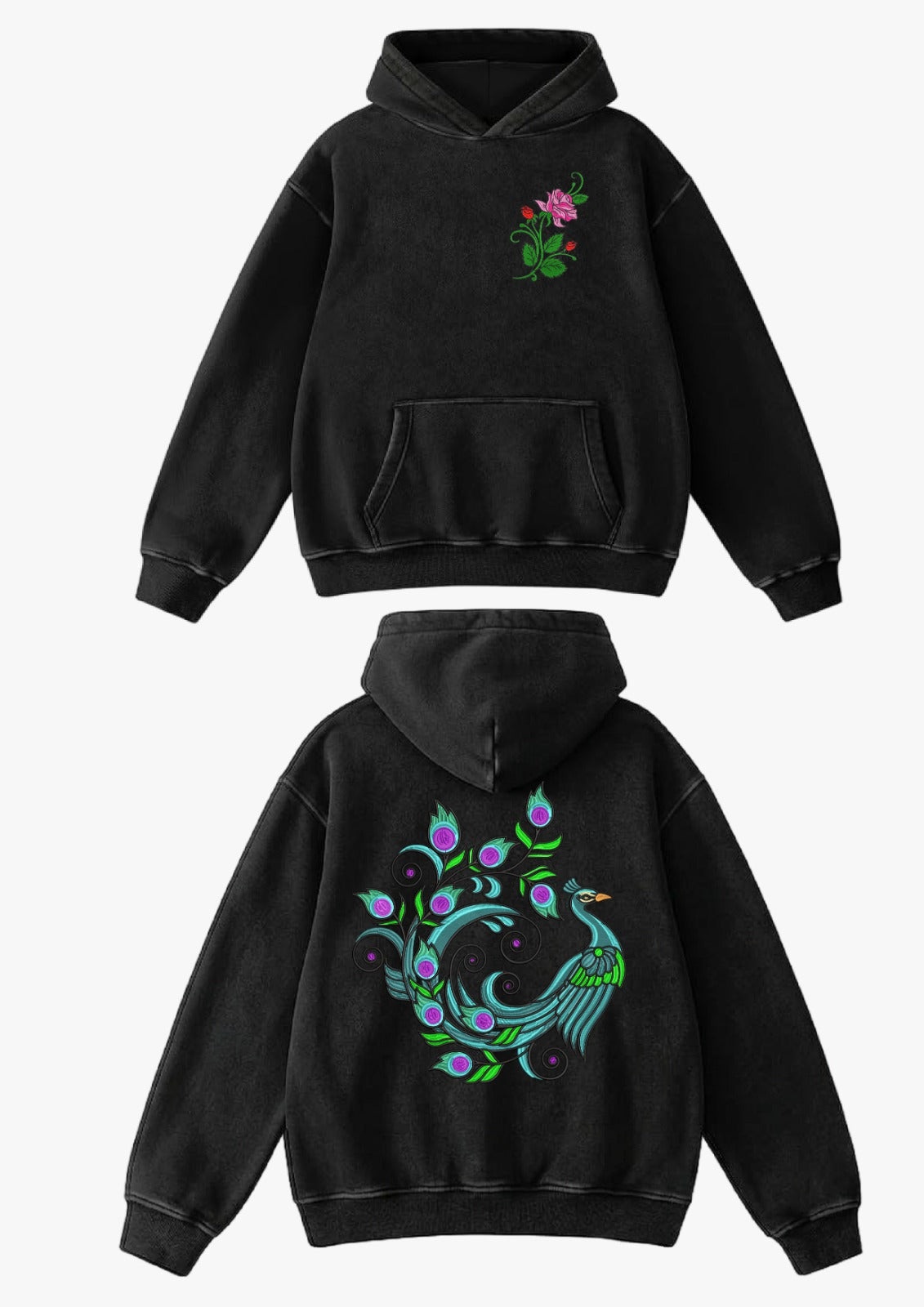 Black Peacock Embroidered Hoodie