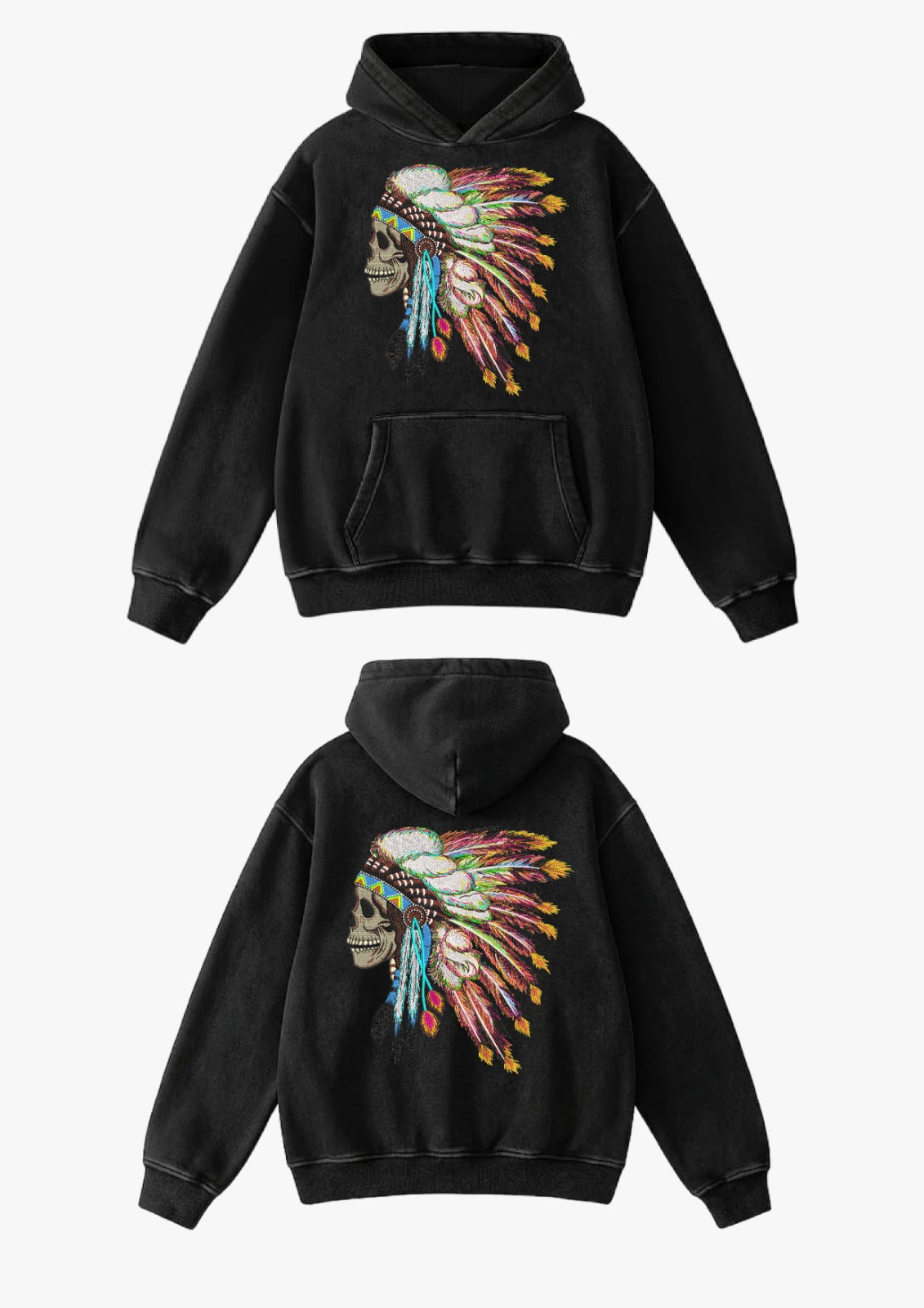 Hoodie bordado calavera indio negro - frente y espalda