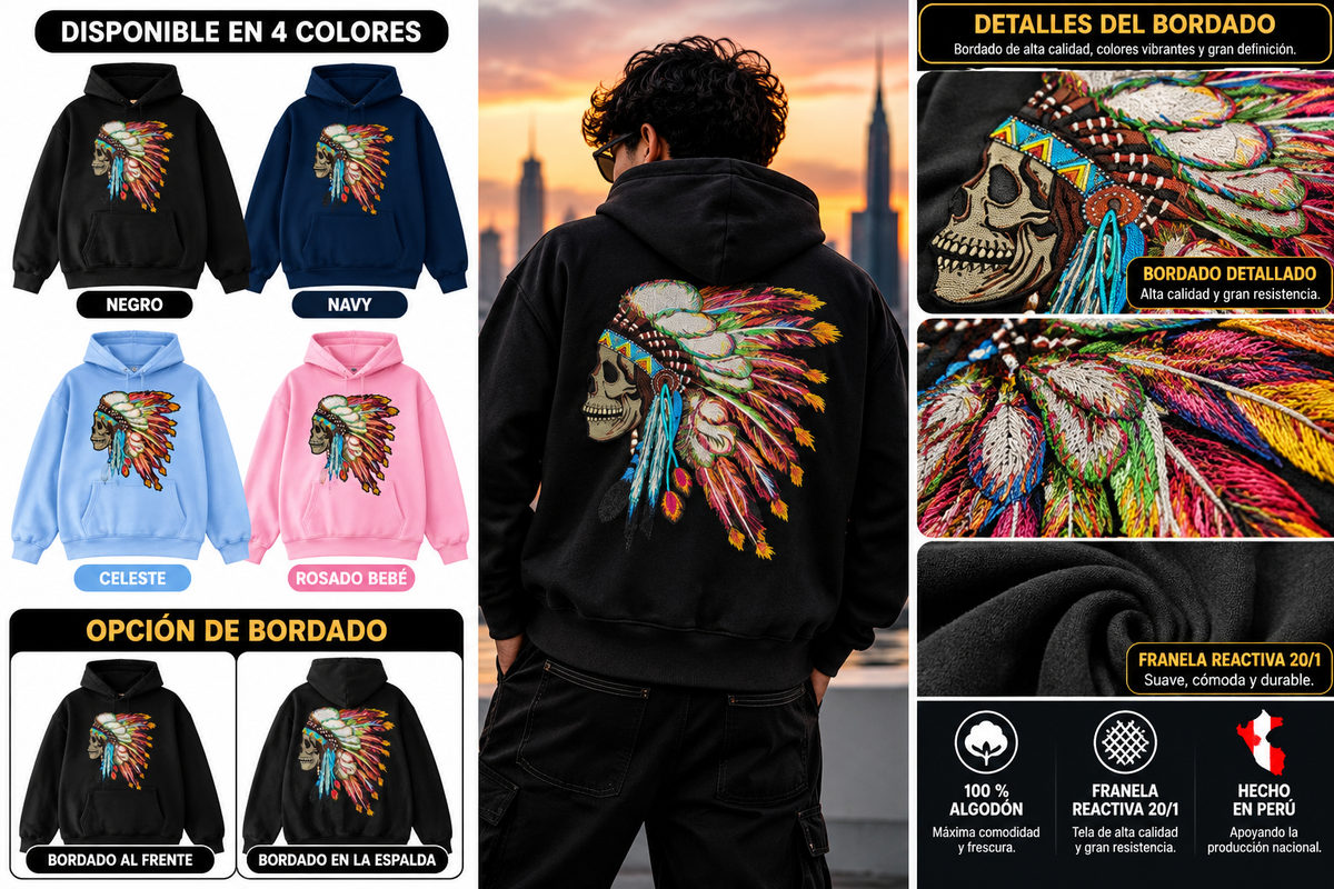 Hoodie bordado calavera indio - colores, opciones de bordado, modelo y detalles