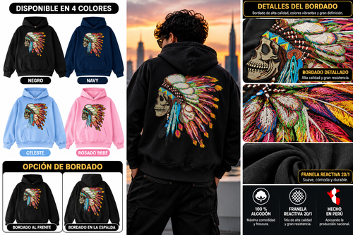 Hoodie bordado calavera indio - colores, opciones de bordado, modelo y detalles