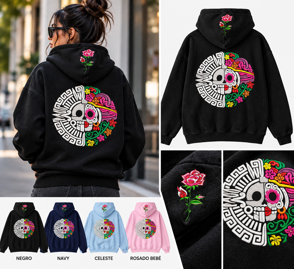 Mujer de espaldas usando hoodie Calavera Mexicana Día de Muertos
