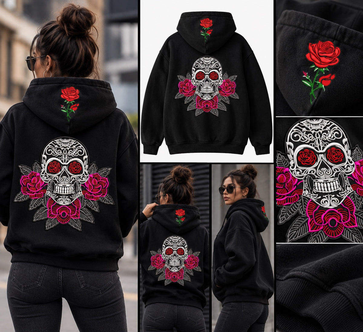 Hoodie negro de calavera y rosas bordadas, modelo de espaldas y detalles del bordado