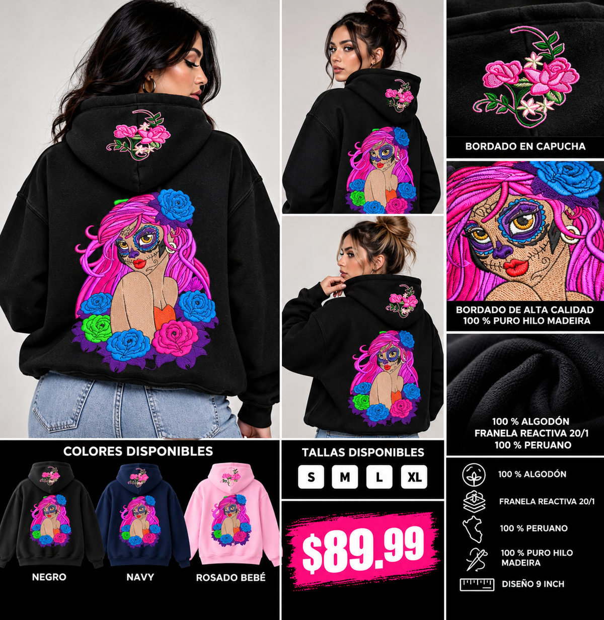 Hoodie bordado estilo Catrina mostrado por modelo, colores disponibles y detalles de materiales
