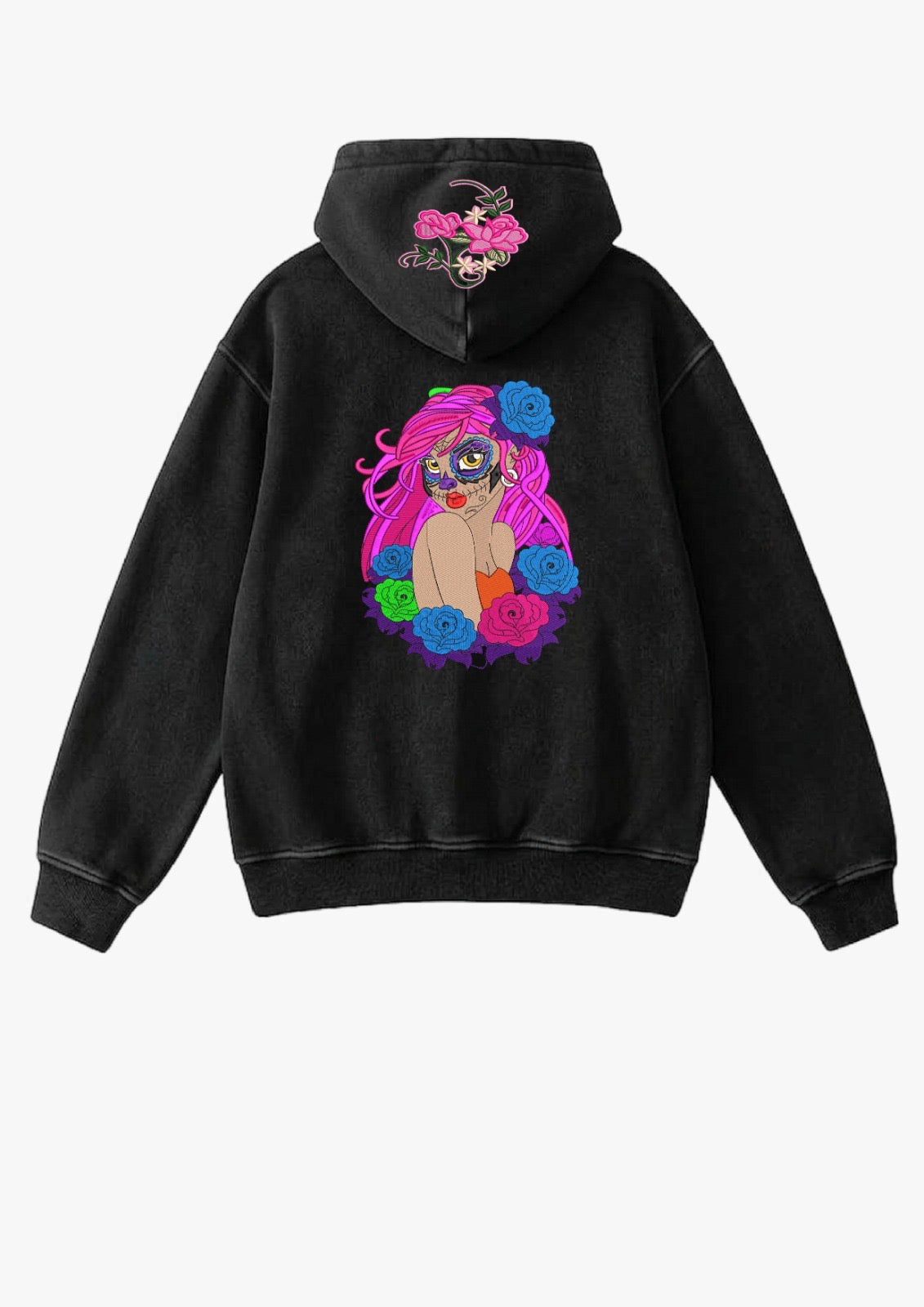 Hoodie negro bordado con chica estilo Catrina de cabello rosado y rosas de colores