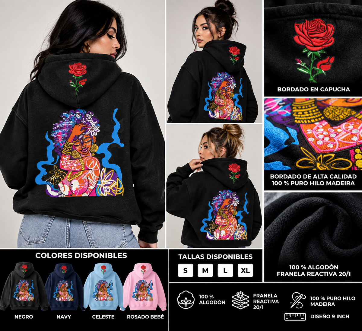 Hoodie bordado con figura femenina, modelo de espaldas y detalles de materiales