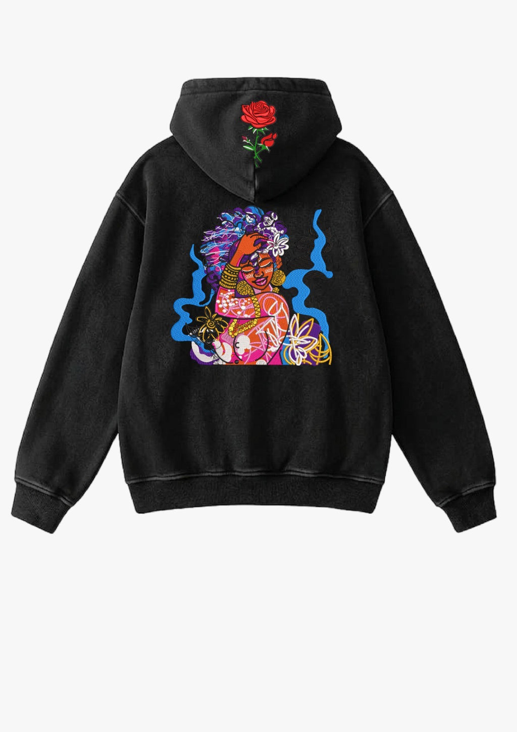 Hoodie bordado con figura femenina colorida y rosa roja en la capucha