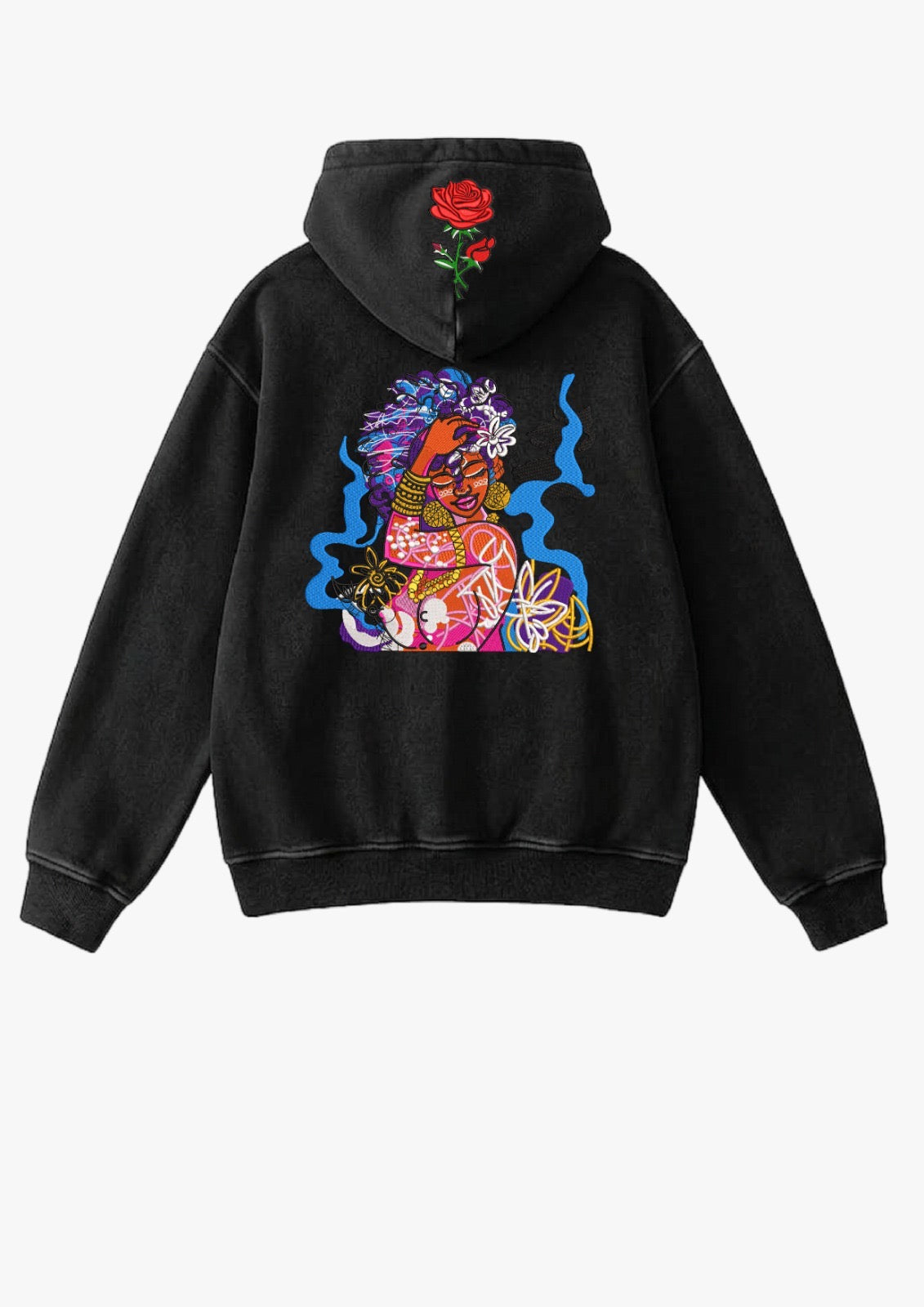 Hoodie bordado con figura femenina colorida y rosa roja en la capucha