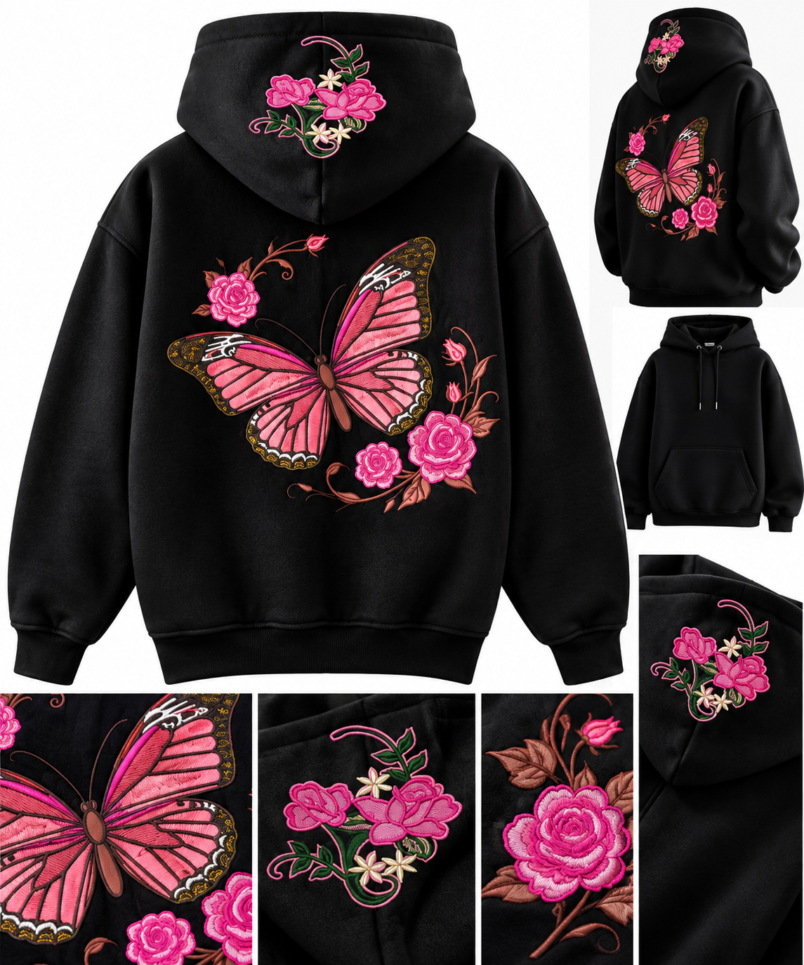 Hoodie negro con mariposa rosa y rosas bordadas