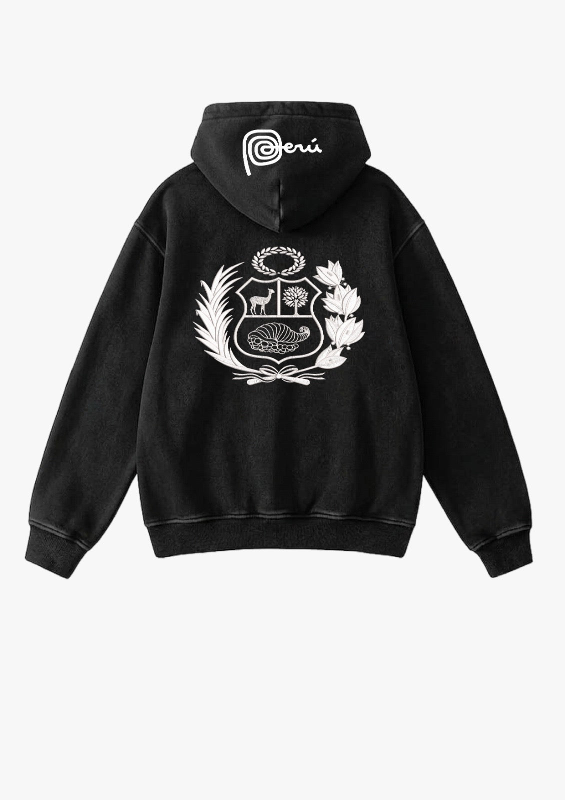 Hoodie negro de Perú con escudo bordado en blanco y palabra Perú bordada en la capucha