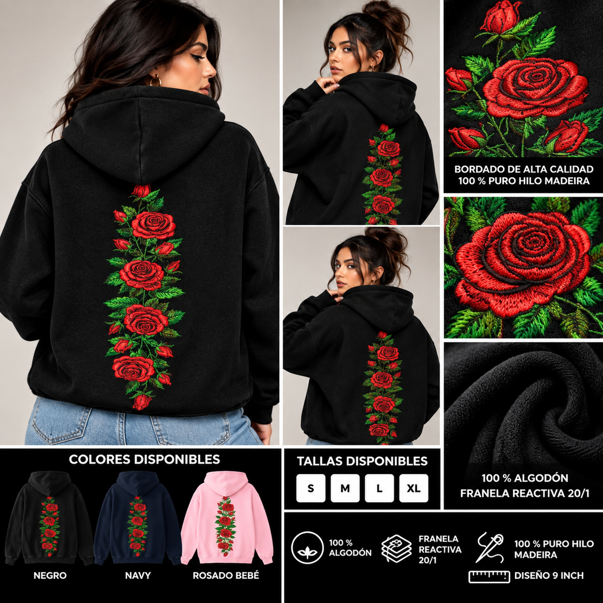Hoodie bordado de rosas rojas mostrado por modelo, colores y detalles de materiales sin precio