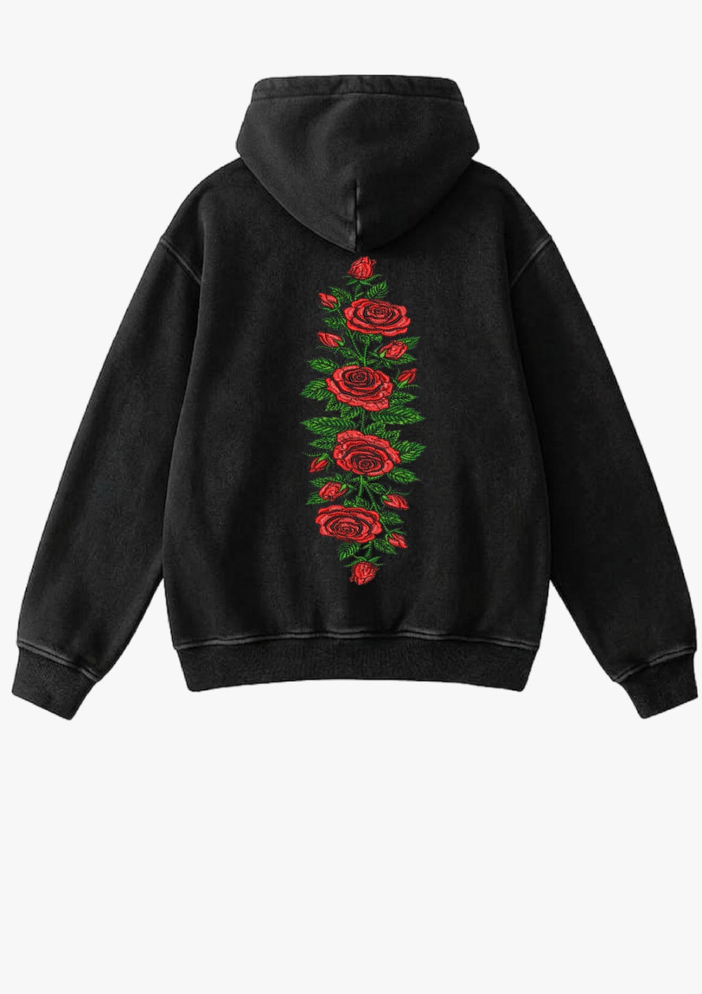 Hoodie negro con bordado vertical de rosas rojas y hojas verdes