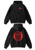 Vista frontal y posterior de la sudadera negra con Perú en rojo en el pecho y escudo del Perú en rojo en la espalda