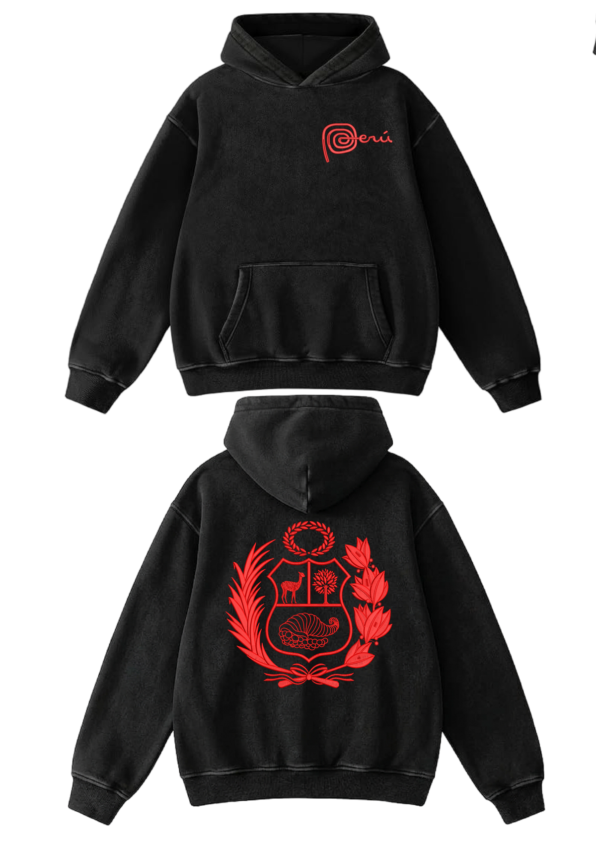 Vista frontal y posterior de la sudadera negra con Perú en rojo en el pecho y escudo del Perú en rojo en la espalda