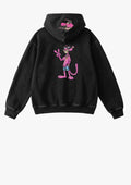 Hoodie negro con Pantera Rosa bordada en la espalda y flores rosadas en la capucha