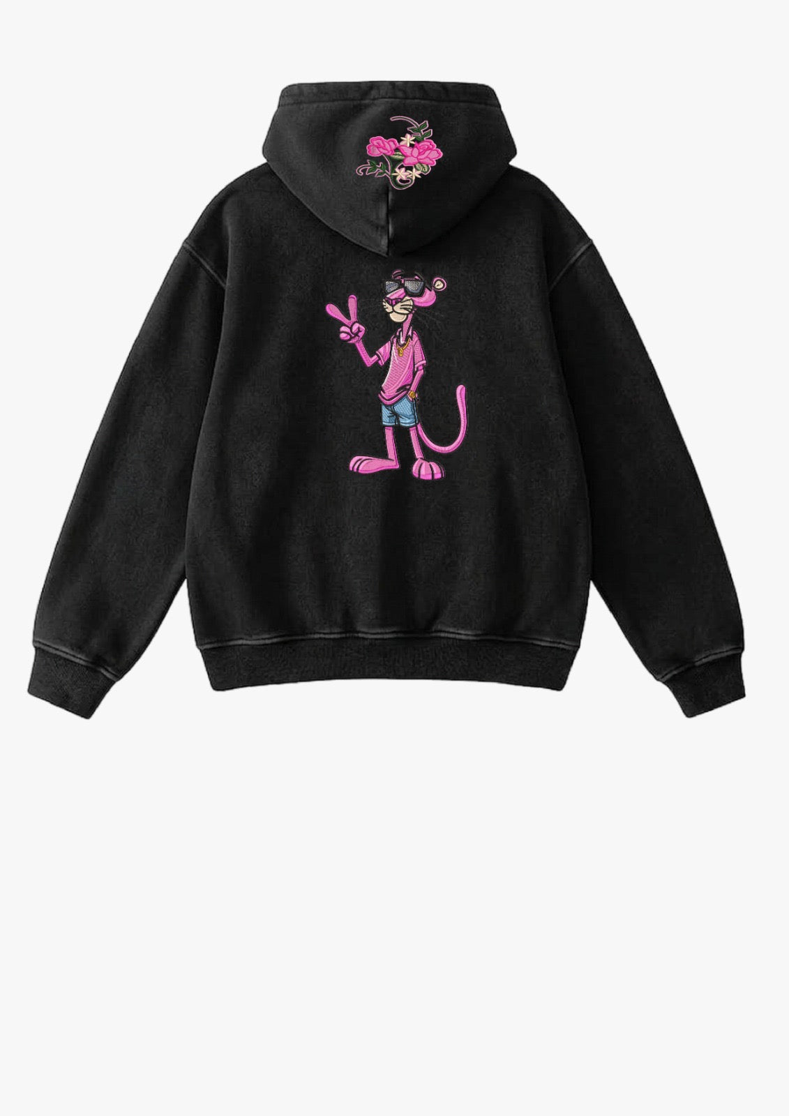 Hoodie negro con Pantera Rosa bordada en la espalda y flores rosadas en la capucha