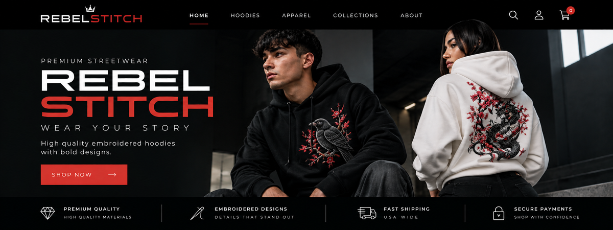 Portada principal de Rebel Stitch con hoodies bordados y estilo streetwear premium