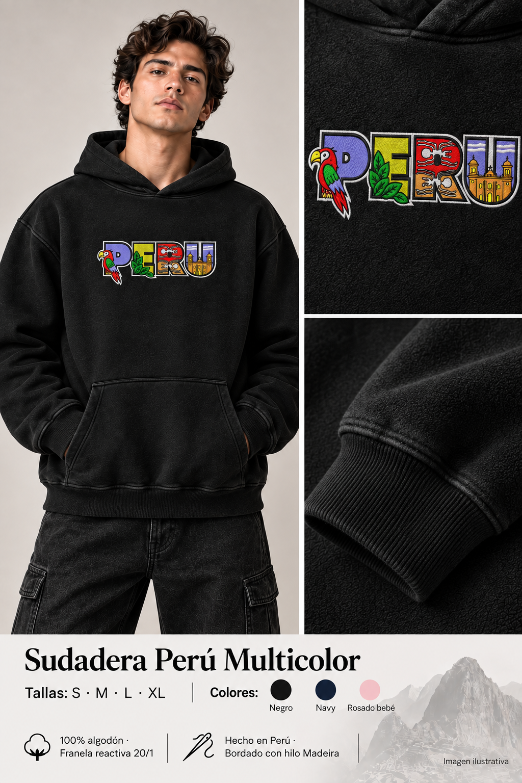 Imagen ilustrativa de modelo con Sudadera Perú Multicolor, acercamientos del bordado y tela, tallas y colores negro navy y rosado bebé