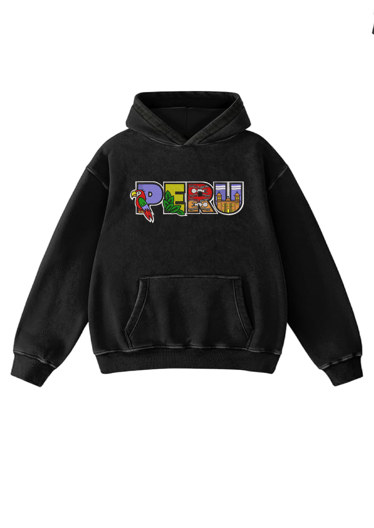 Sudadera negra con capucha y diseño PERU multicolor en el pecho