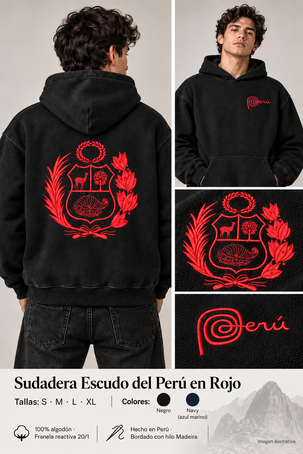 Imagen ilustrativa con modelo de espalda y frente, acercamientos del escudo rojo y logo Perú del pecho, tallas S M L XL, colores negro y navy, composición y confección.